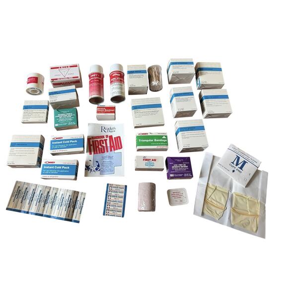 Vintage 1996 First Aid Kit Emergency Medical Supplies Bandages Gloves Manual EXP - Picture 1 of 9